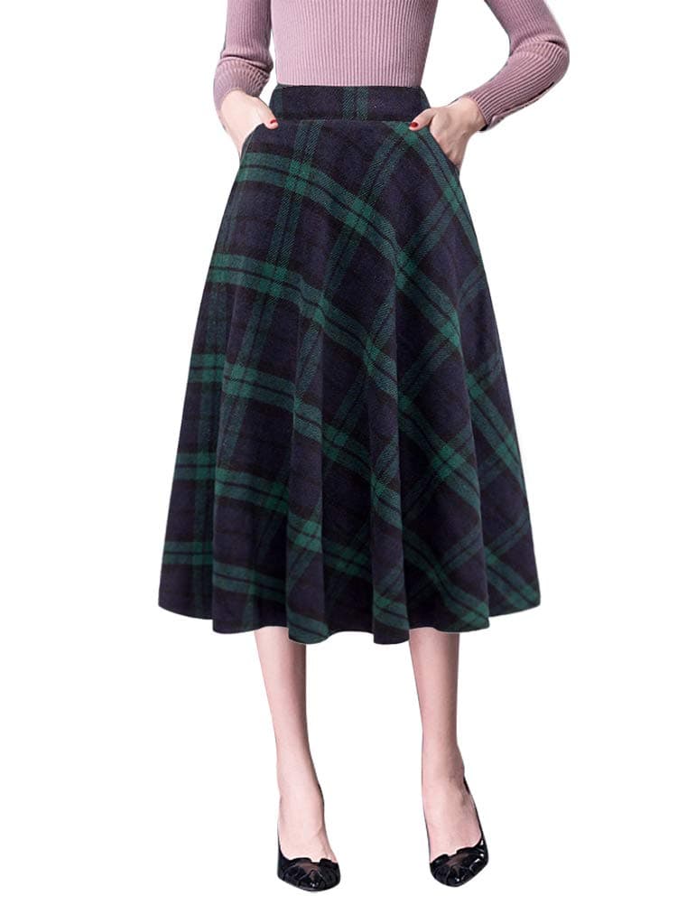 Womens High Waist Aline Pleated Midi Wool Skirts by IDEALSANXUN