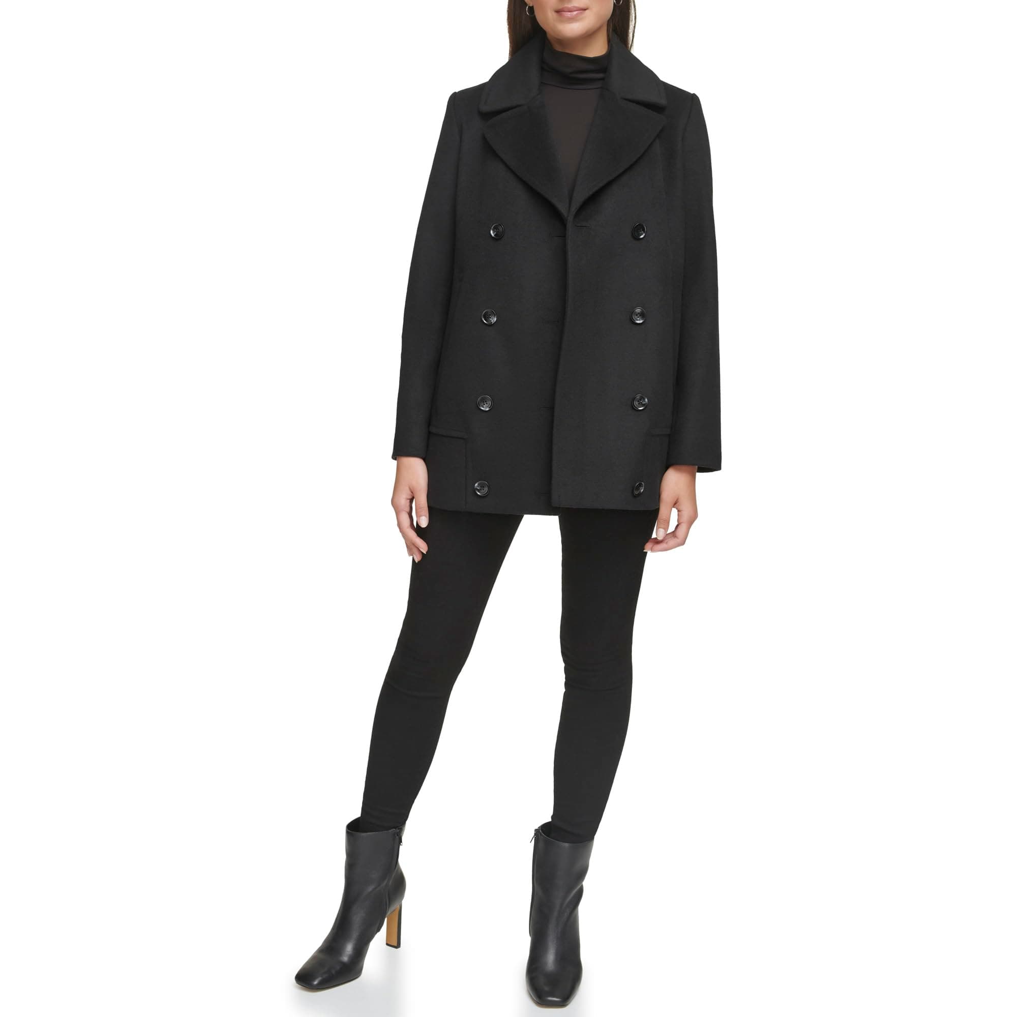 Kenneth Cole Women's Double Breast Wool Coat with Notch Collar Button Details