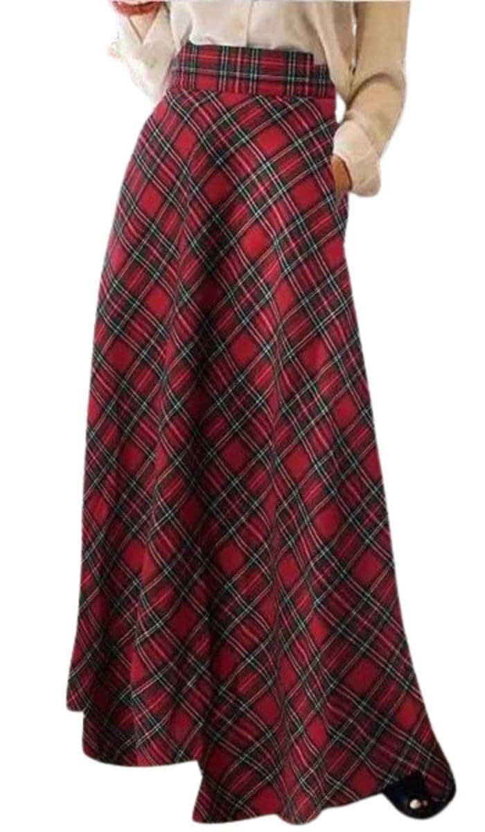 XQR Women's Vintage Plaid Maxi Skirt High Waist with Pockets