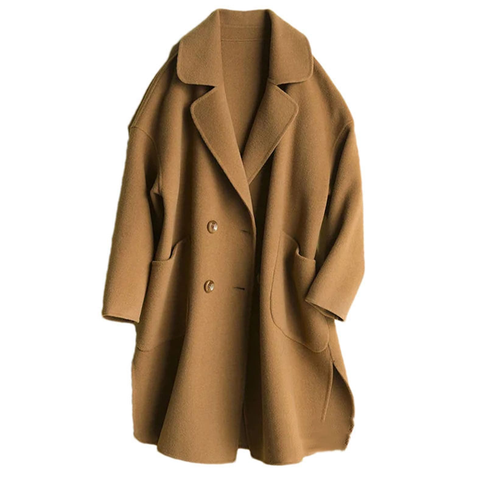 Women's Autumn Winter Wool Pea Coat with Lapel Double Breasted Midi Overcoat