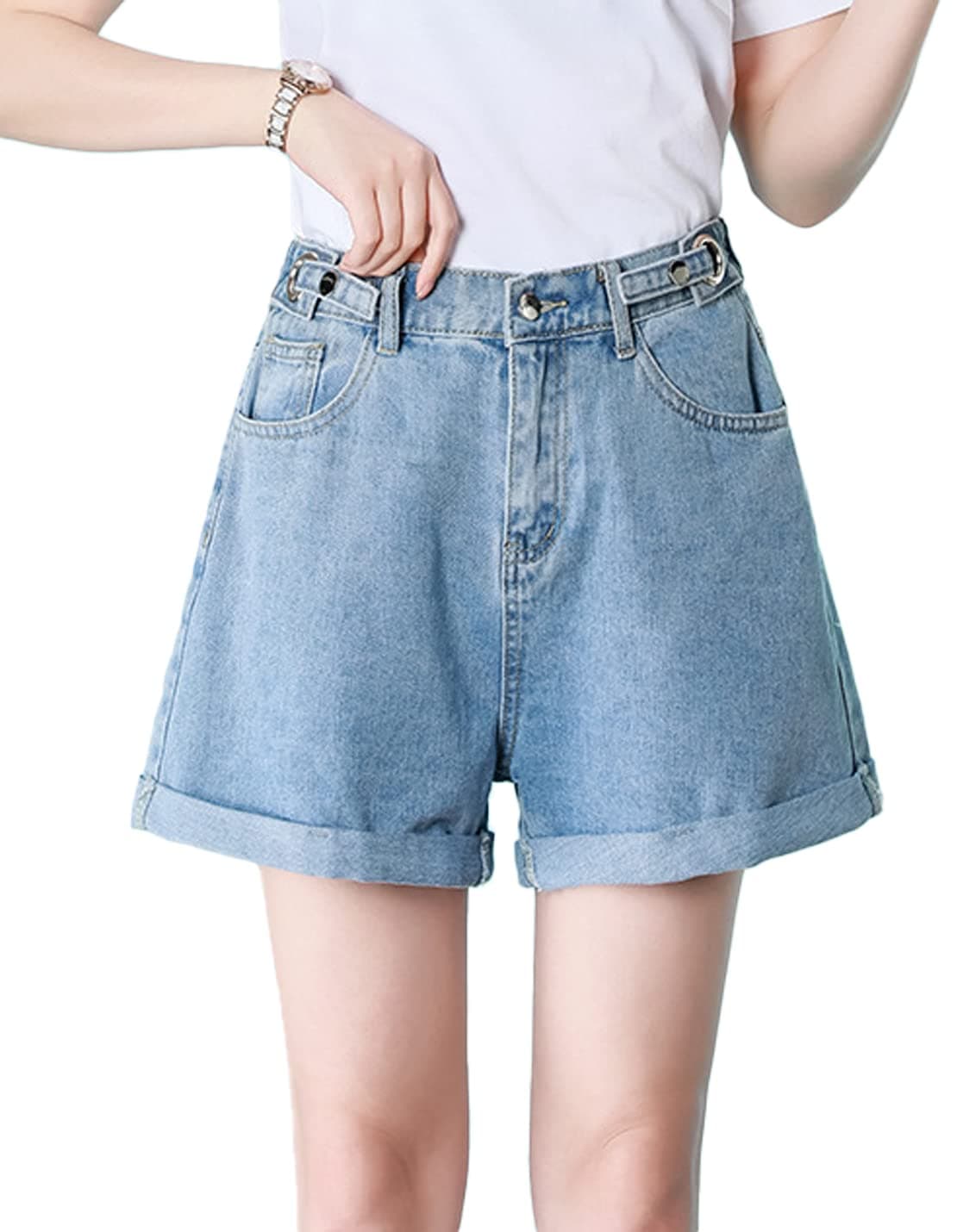 COWOKA Women's Summer Casual Loose Wide Leg Rolled Up Shorts
