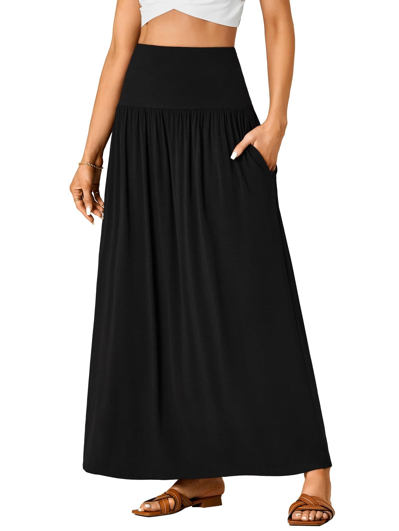 Vrtige Women's High-Waist Flowy A-Line Maxi Skirt with Pockets