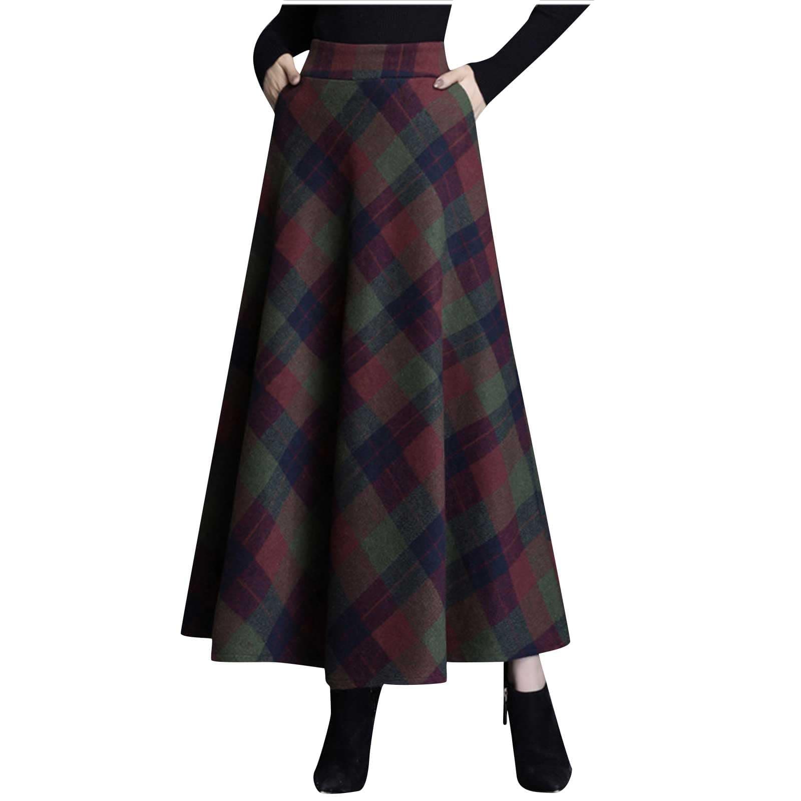 Lpmadey Women's Plaid Wool Flare Skirts Winter Warm Maxi
