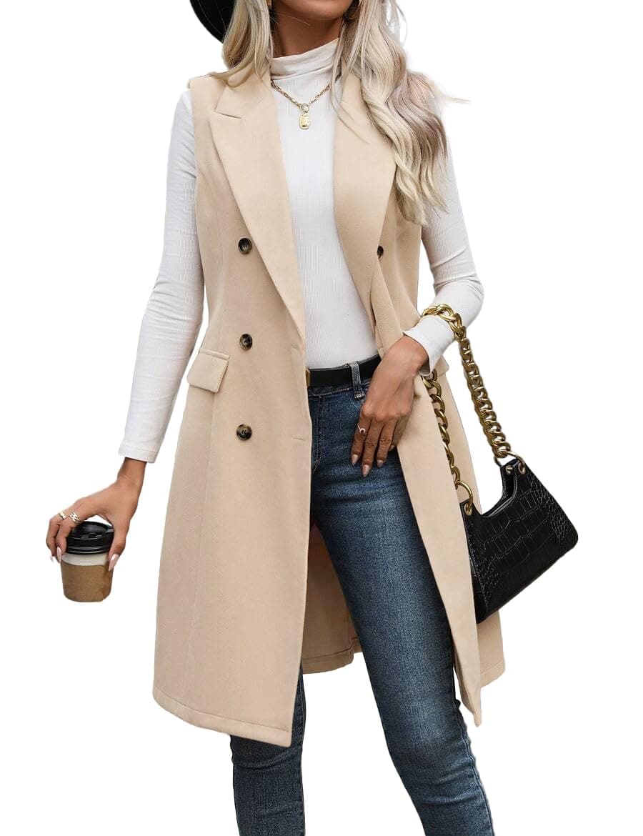IDEALSANXUN Women's Long Wool Sleeveless Blazer Vest Trench Coat Outerwear