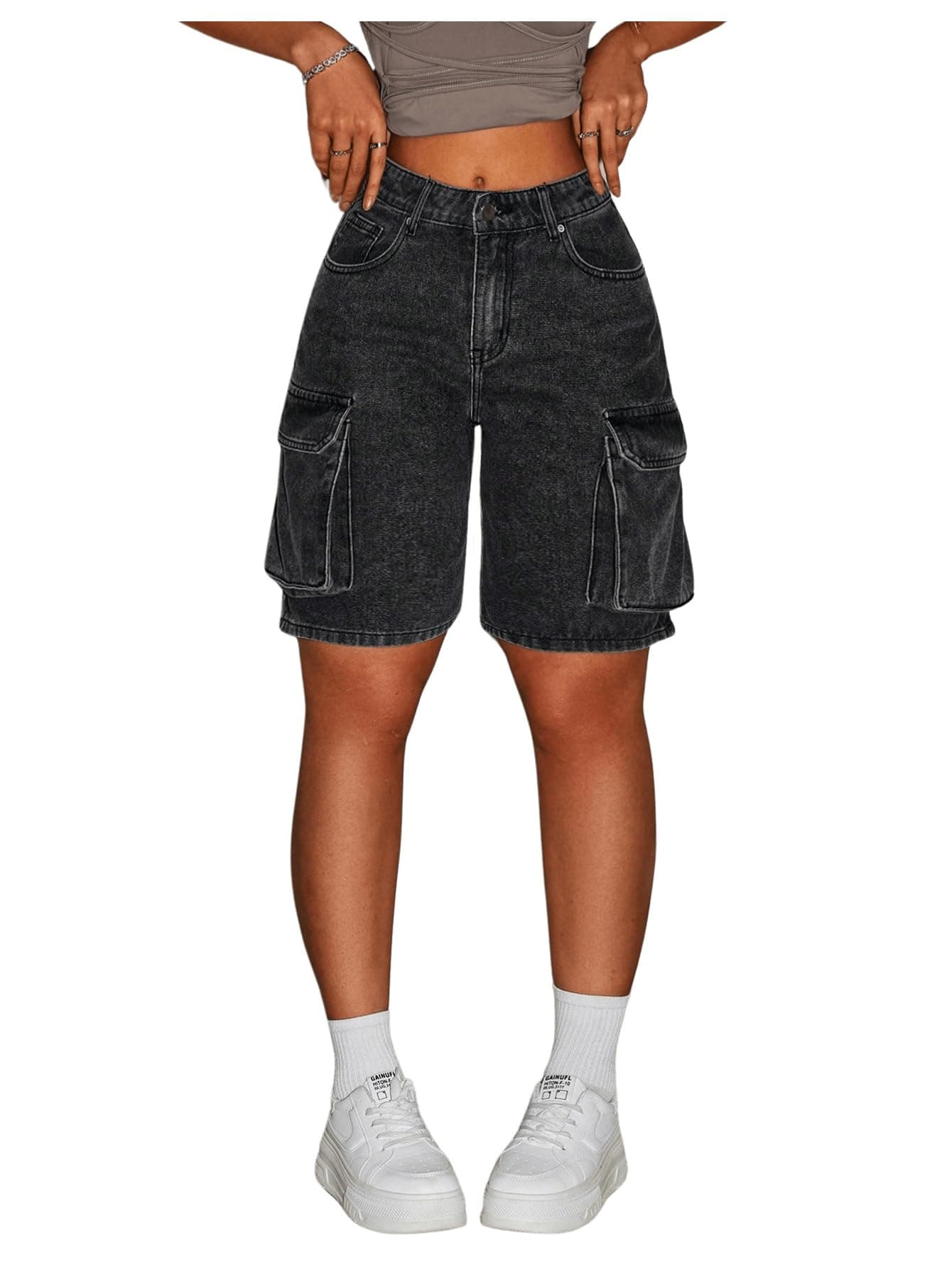 MakeMeChic Women's Low Waist Denim Cargo Bermuda Shorts