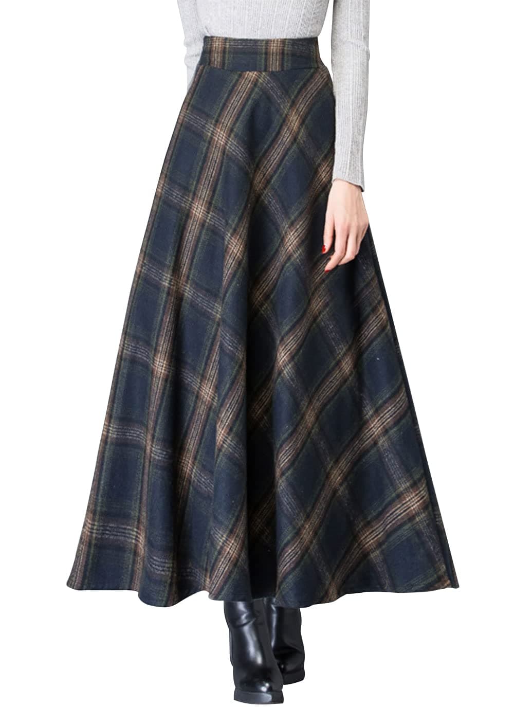 Ebossy Women's Vintage Wool Blend Plaid A-Line Maxi Skirt with Pocket