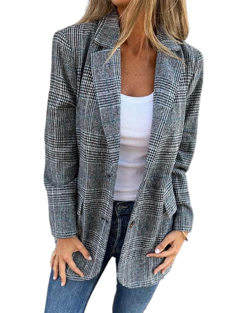IdealSanXun Women's Casual Plaid Houndstooth Blazer Jacket