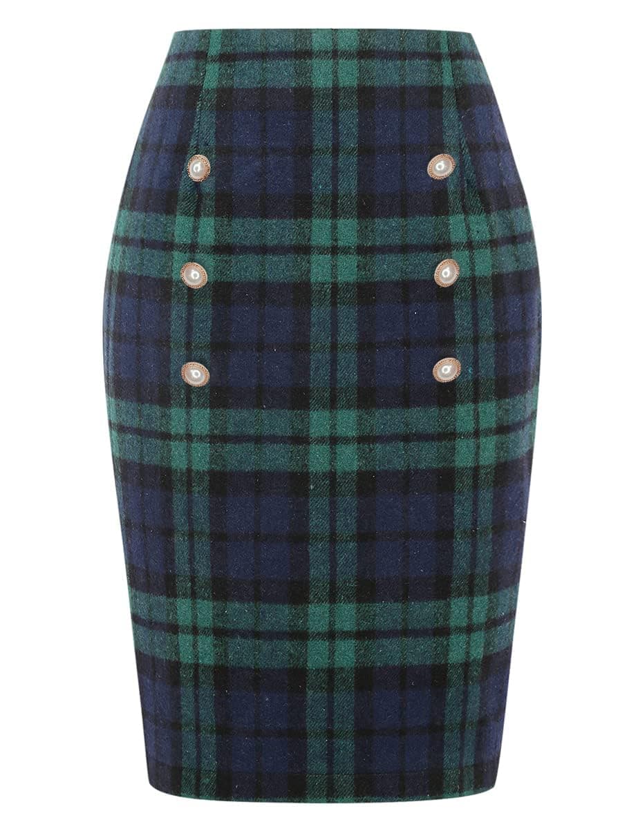 Women's Plaid Wool Pencil Skirt for Fall and Winter
