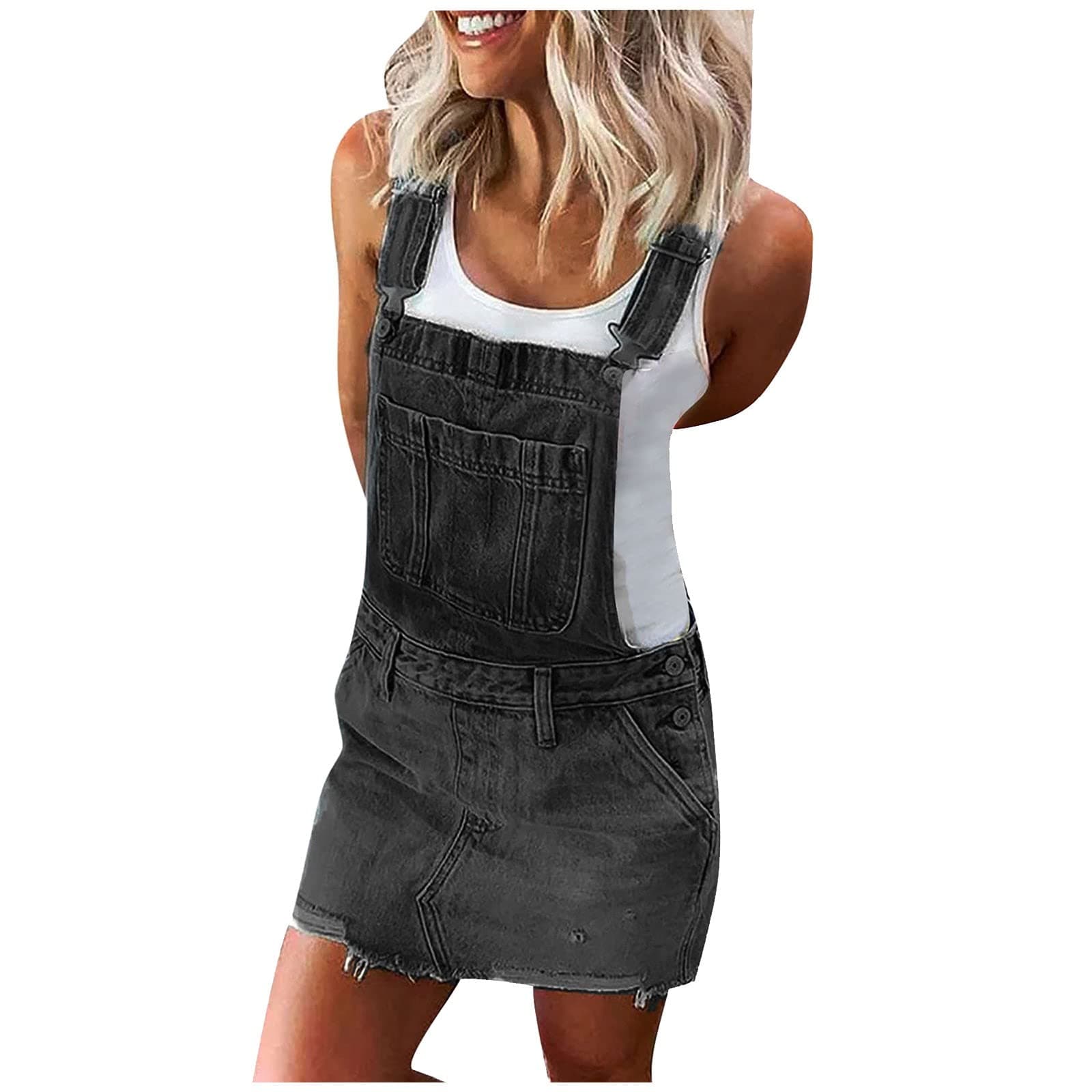 HXHYQKP Classic Denim Adjustable Strap Overall Dress with Suspender Skirt