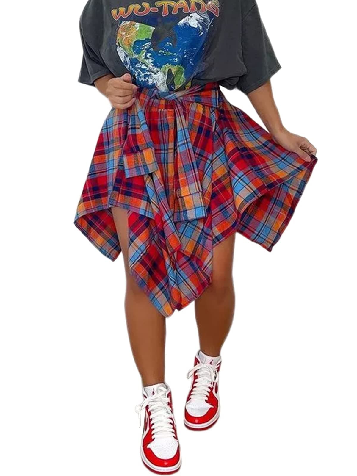 ALLUMK Women's High-Waist Casual Plaid Mini Skirts with Belt