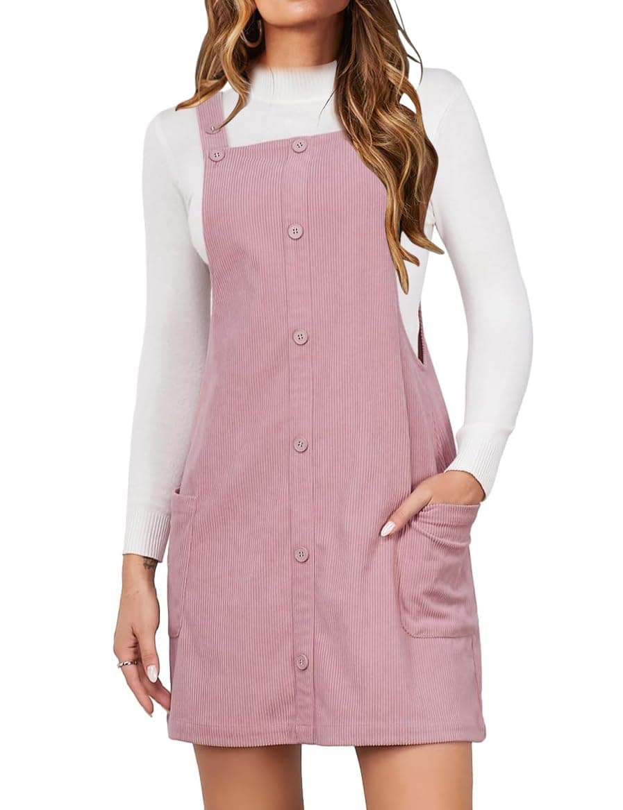 IDEALSANXUN Women's Pockets Corduroy Button Down Overall Dress