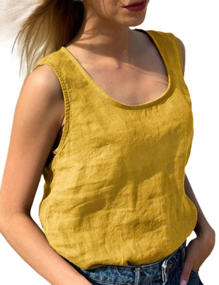 Lightweight Linen Tank Tops for Women- Crew Neck, Sleeveless Blouse