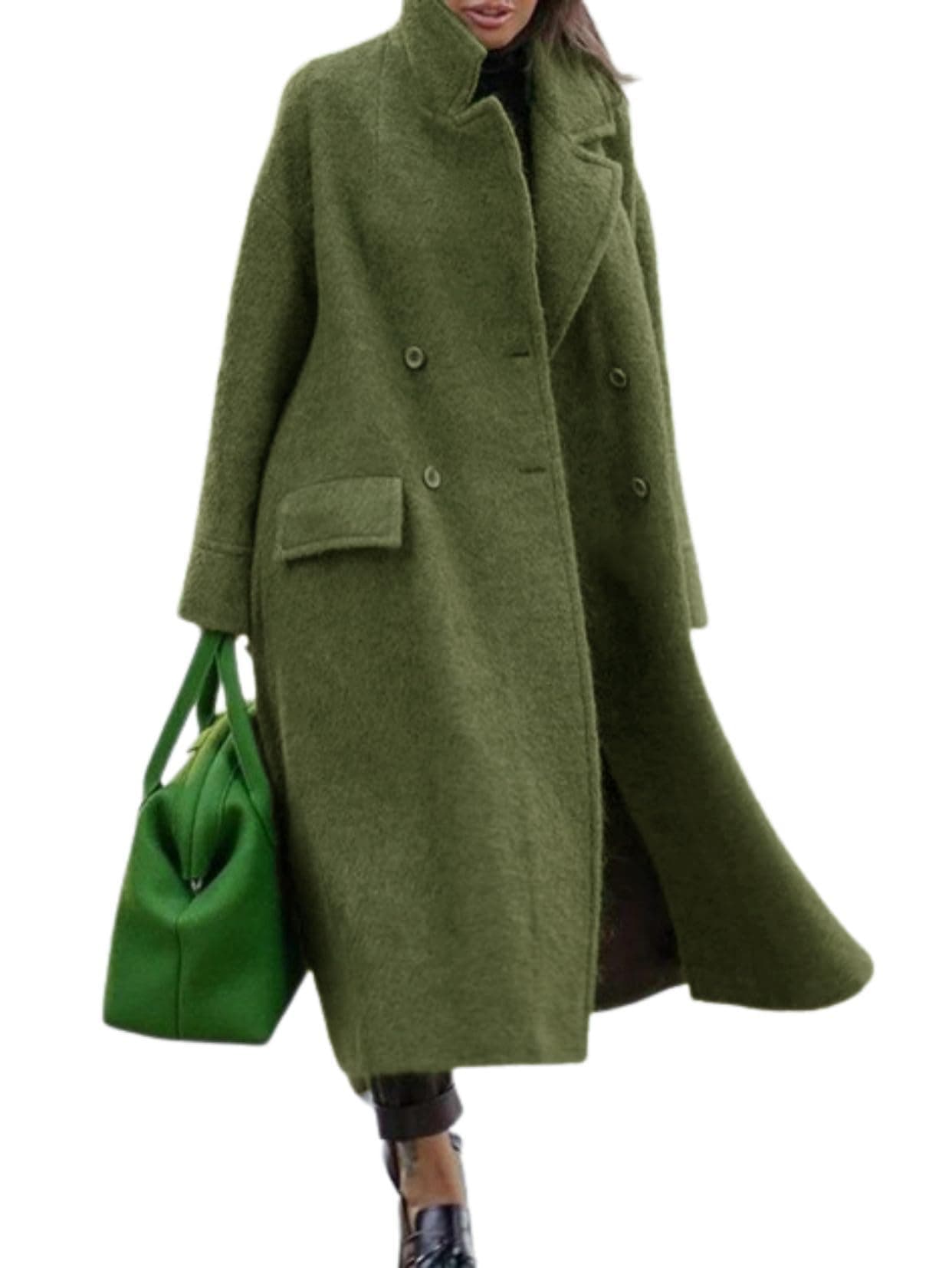Women's Long Wool Double Breasted Pea Coat Notched Lapel