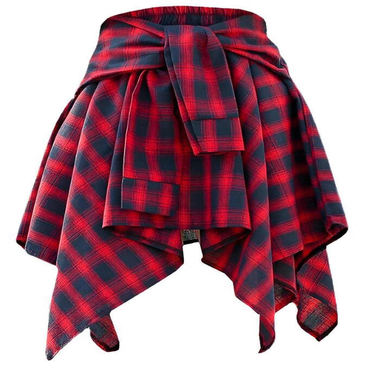 Women's Elastic Waist Plaid Mini Skater Skirt Knot Front Irregular Hem