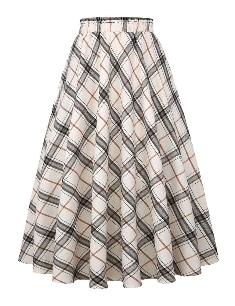 IDEALSANXUN Women's A-line Midi Pleated Plaid Skirt with Elastic Waist