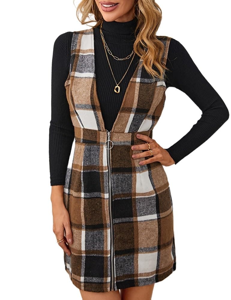 IDEALSANXUN Women’s Plaid Sleeveless Flannel Pinafore Dress for Fall/Winter