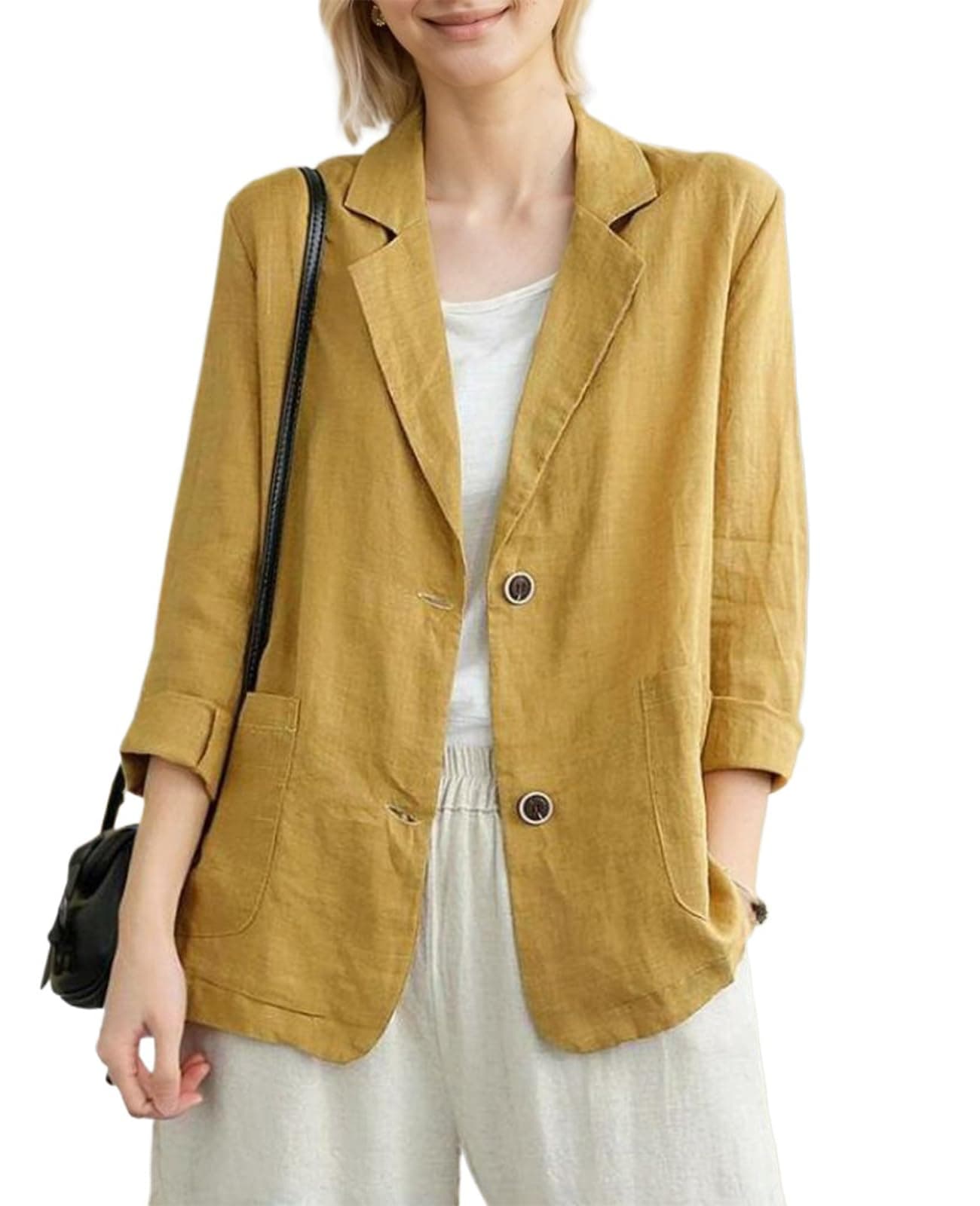 YOUNIFIZ Women's Linen 3/4 Sleeve Notch Lapel Summer Casual Blazer Jackets with Pockets