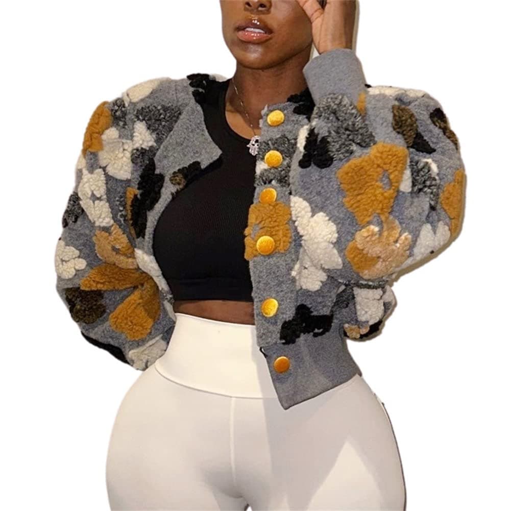 HOULENGS Women's Cropped Floral Fleece Bomber Jacket for Winter Warmth