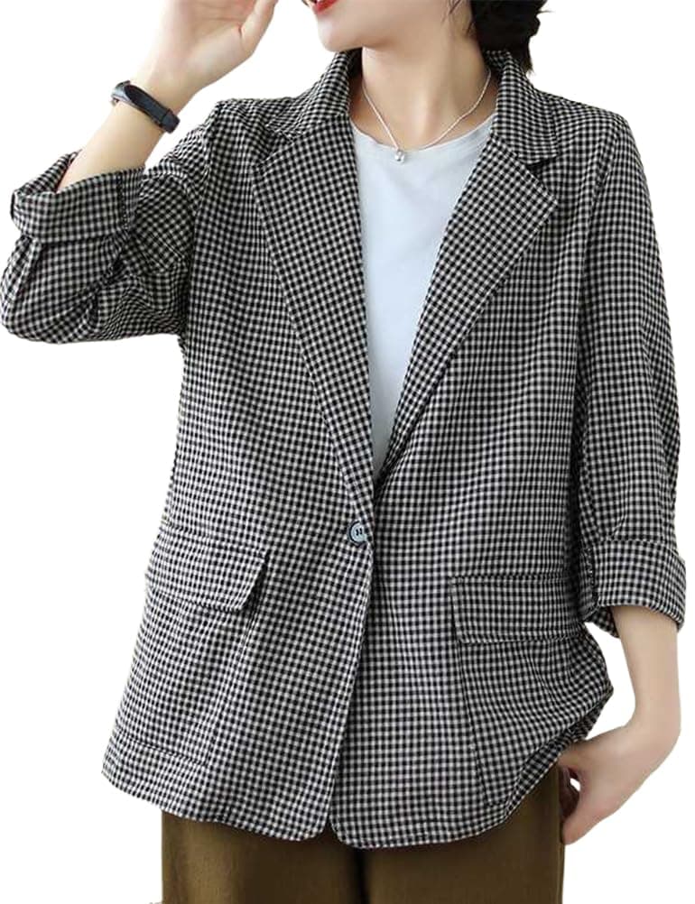 Cotton Linen Plaid Blazer for Women Oversized Lightweight Jacket