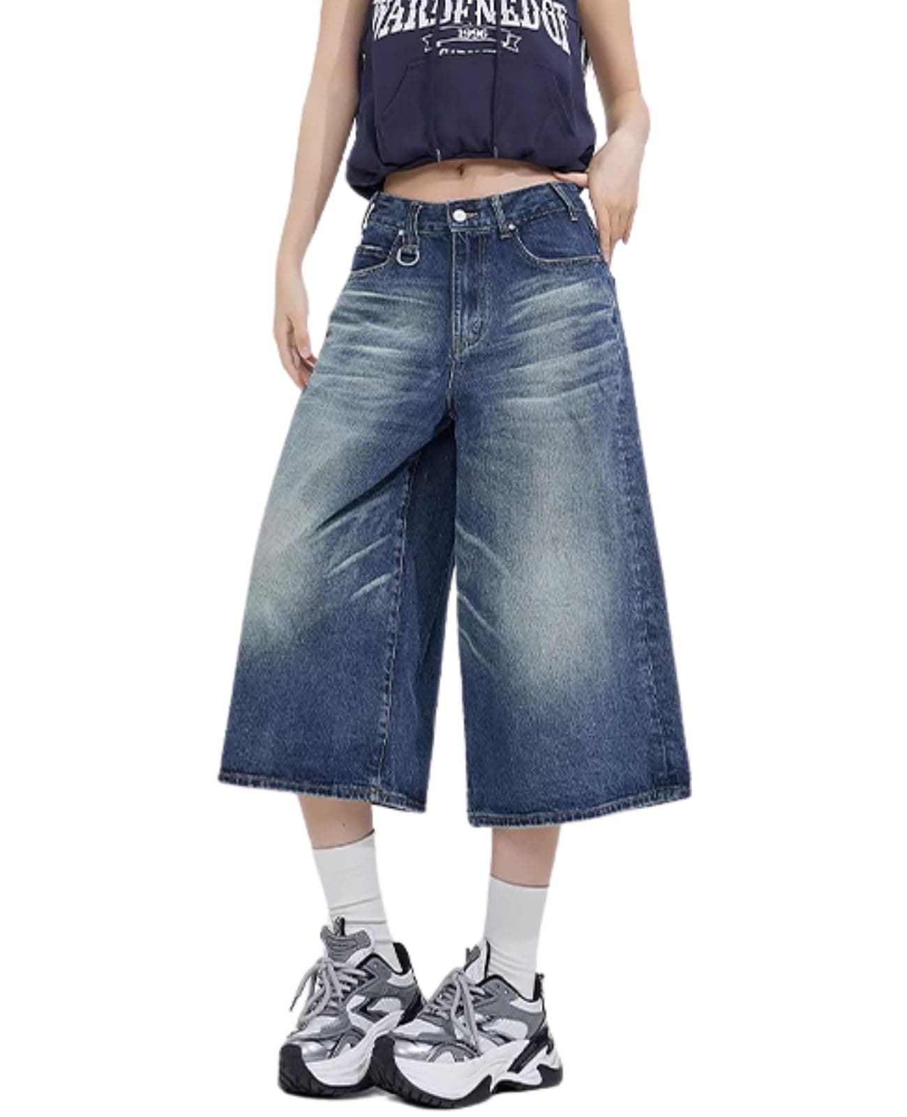 Chmnigma Wide Leg Low Waist Cropped Jeans for Men & Women Grunge Summer Denim Pants