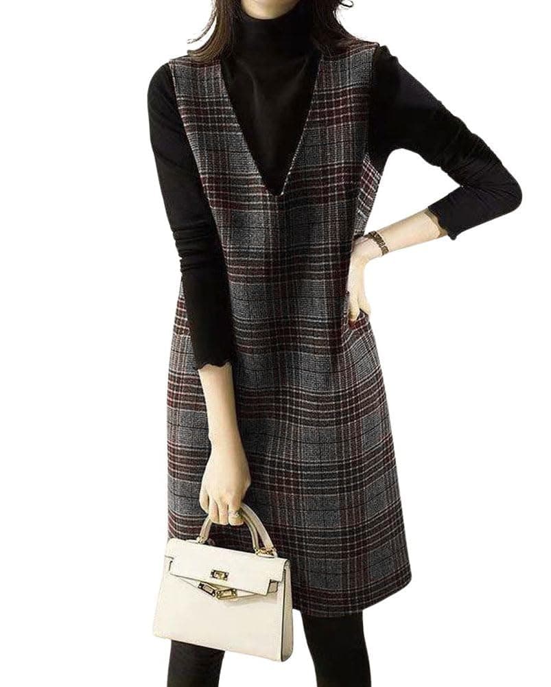 Vintage Women's Plaid Wool Overall Jumper Dress with Pockets