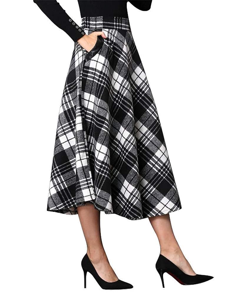 IDEALSANXUN Women's Plaid Wool A-Line Skirts with Elastic Waist