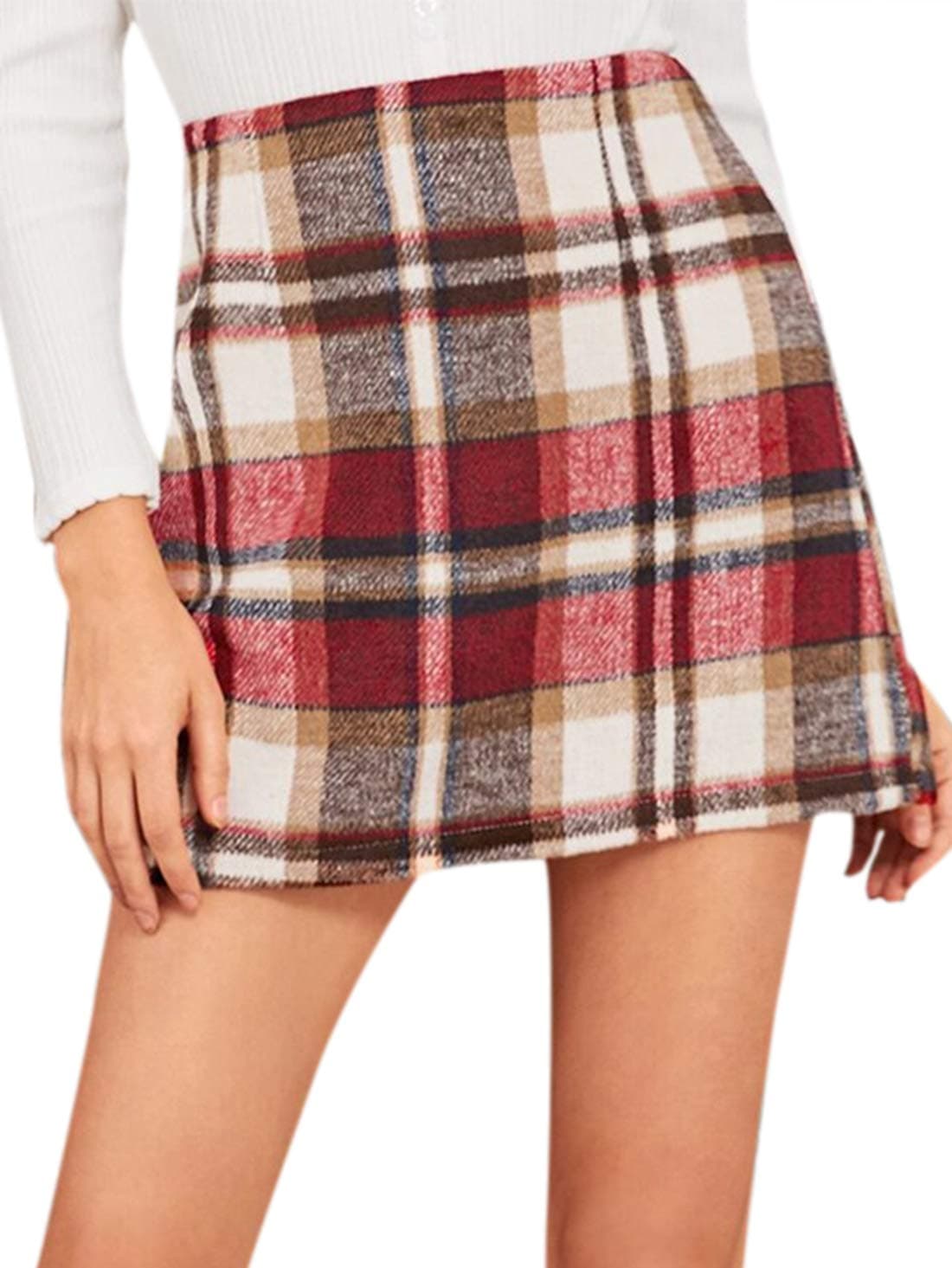 MakeMeChic Women's High Waisted Plaid Pencil Mini Skirt