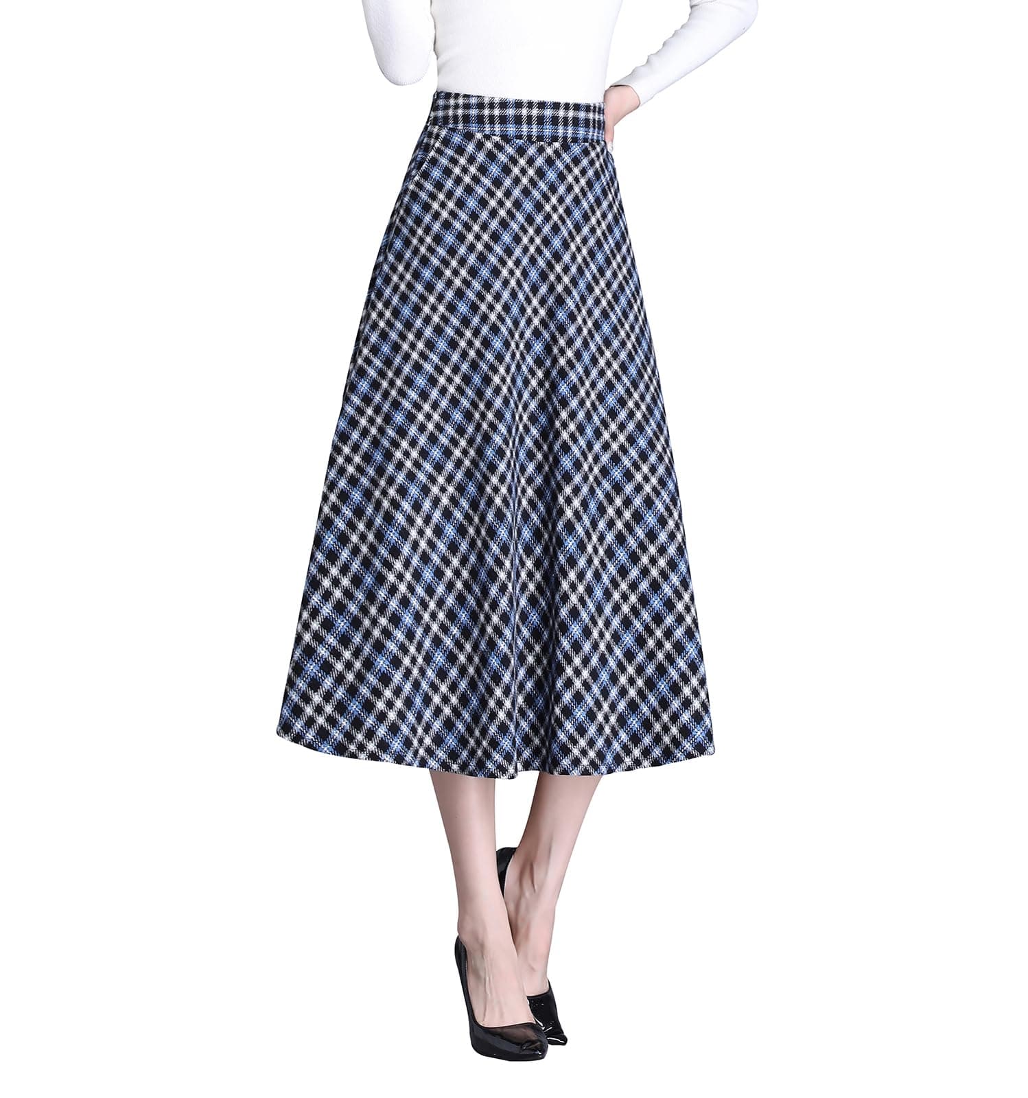 Biilyli Women's High Waist Wool Plaid Midi Skirt