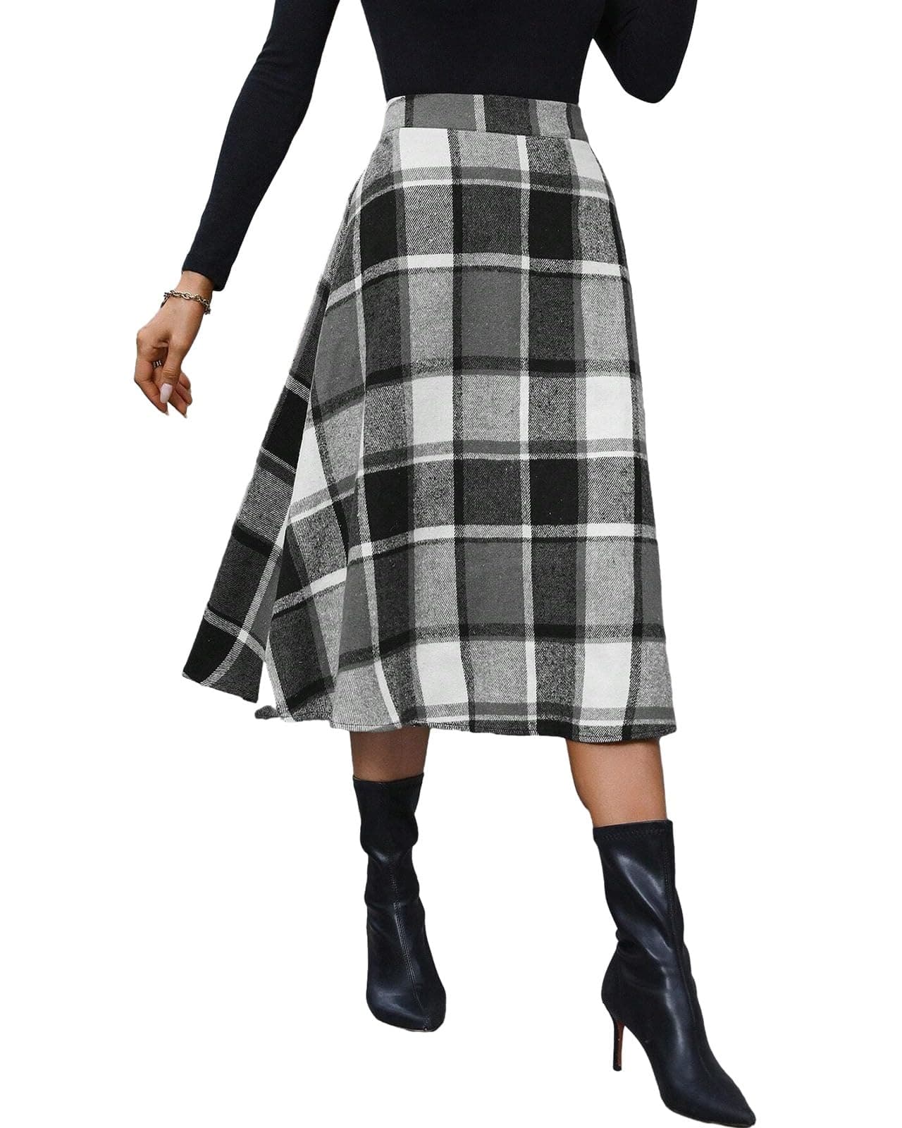 Pemieer High Waist Wool A-Line Tartan Midi Skirts