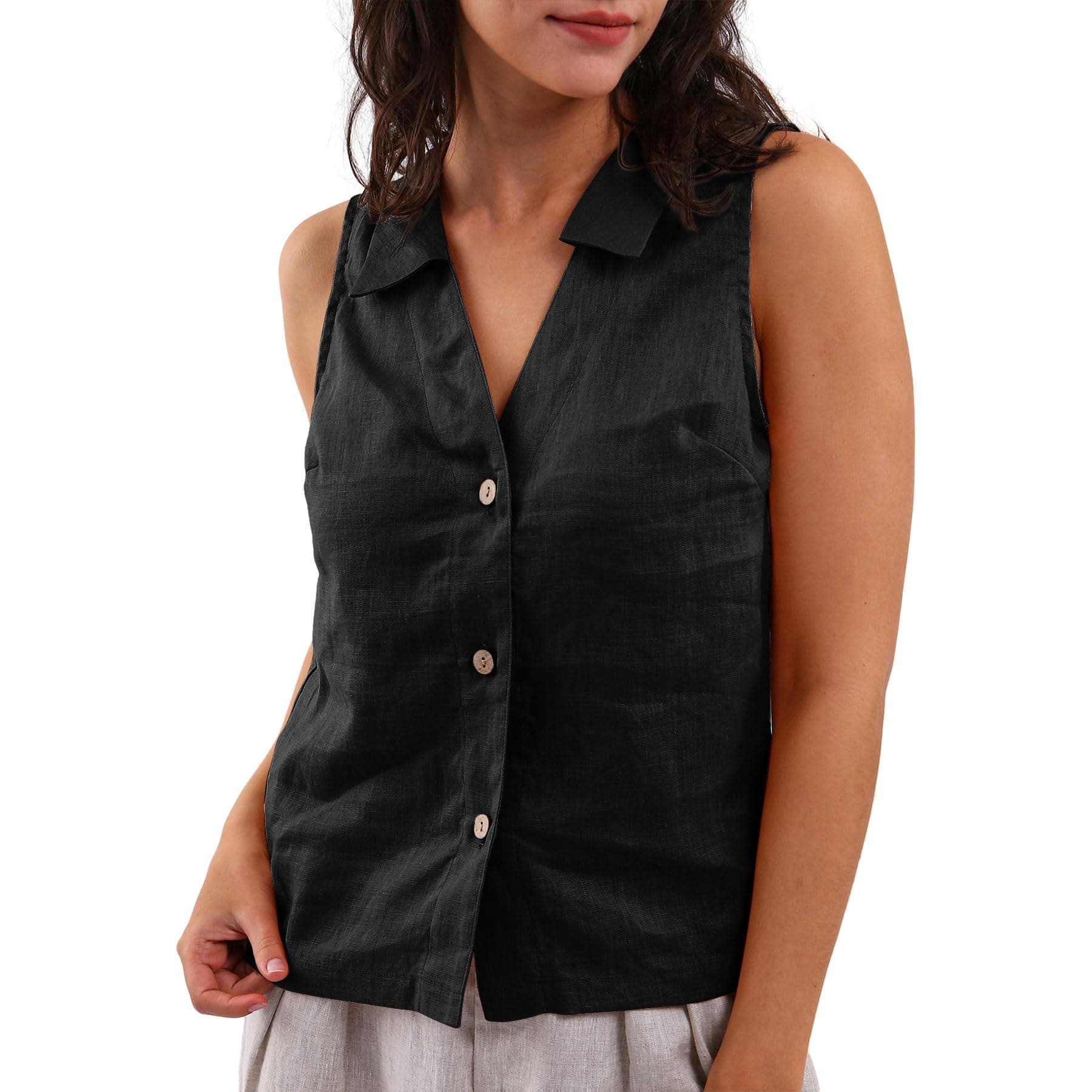 Amazhiyu Women's 100% Linen Slight Crop Button-Down Top