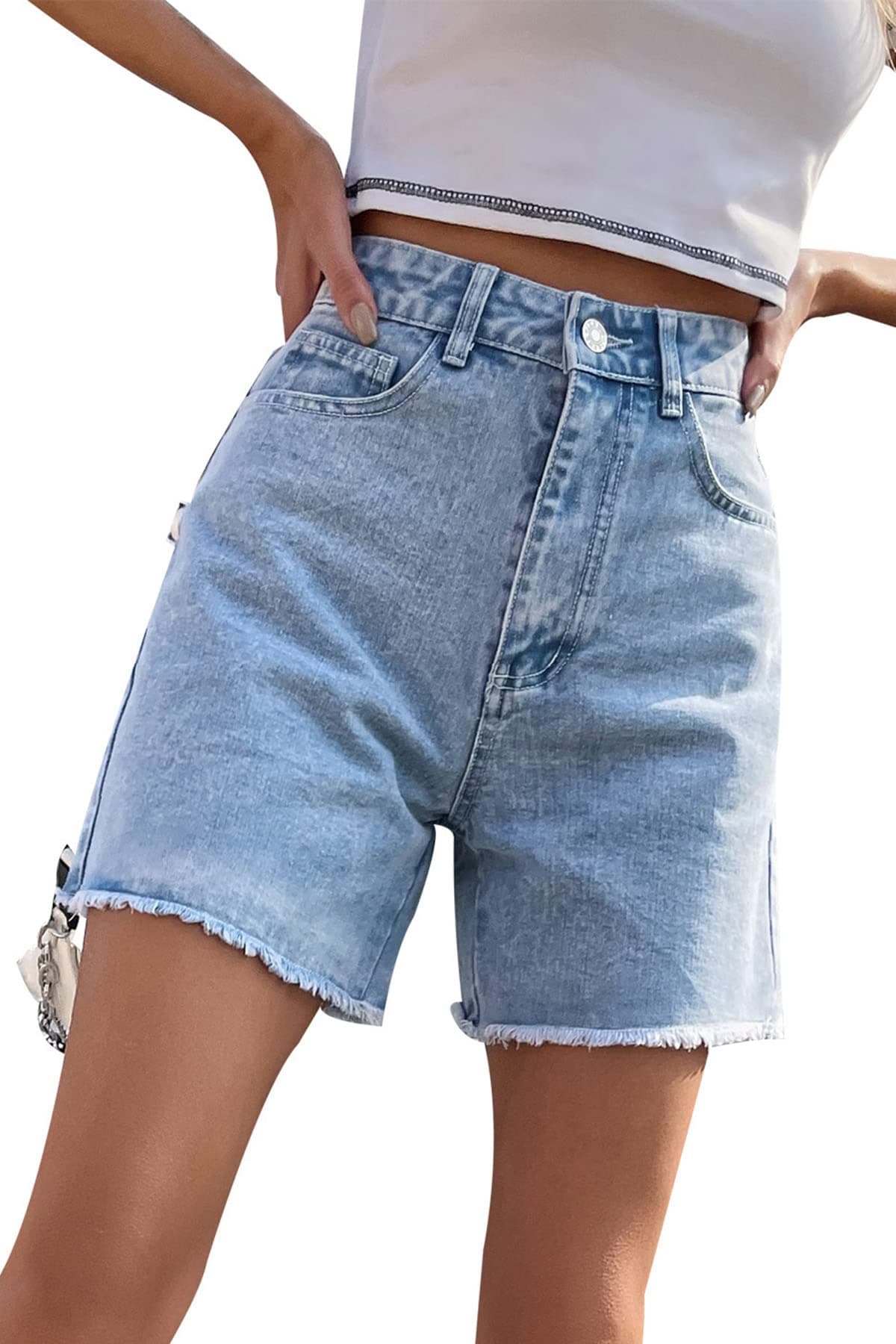 GOLDPKF Women's Mid-Waist Frayed Stretch Denim Shorts