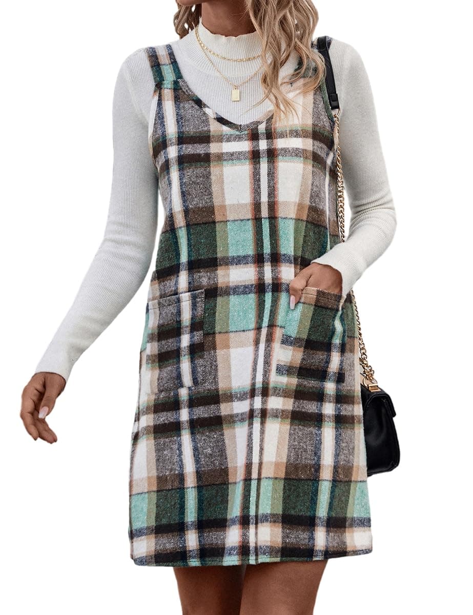 Plaid Overall Dress for Women: Fall/Winter Sleeveless with Pockets