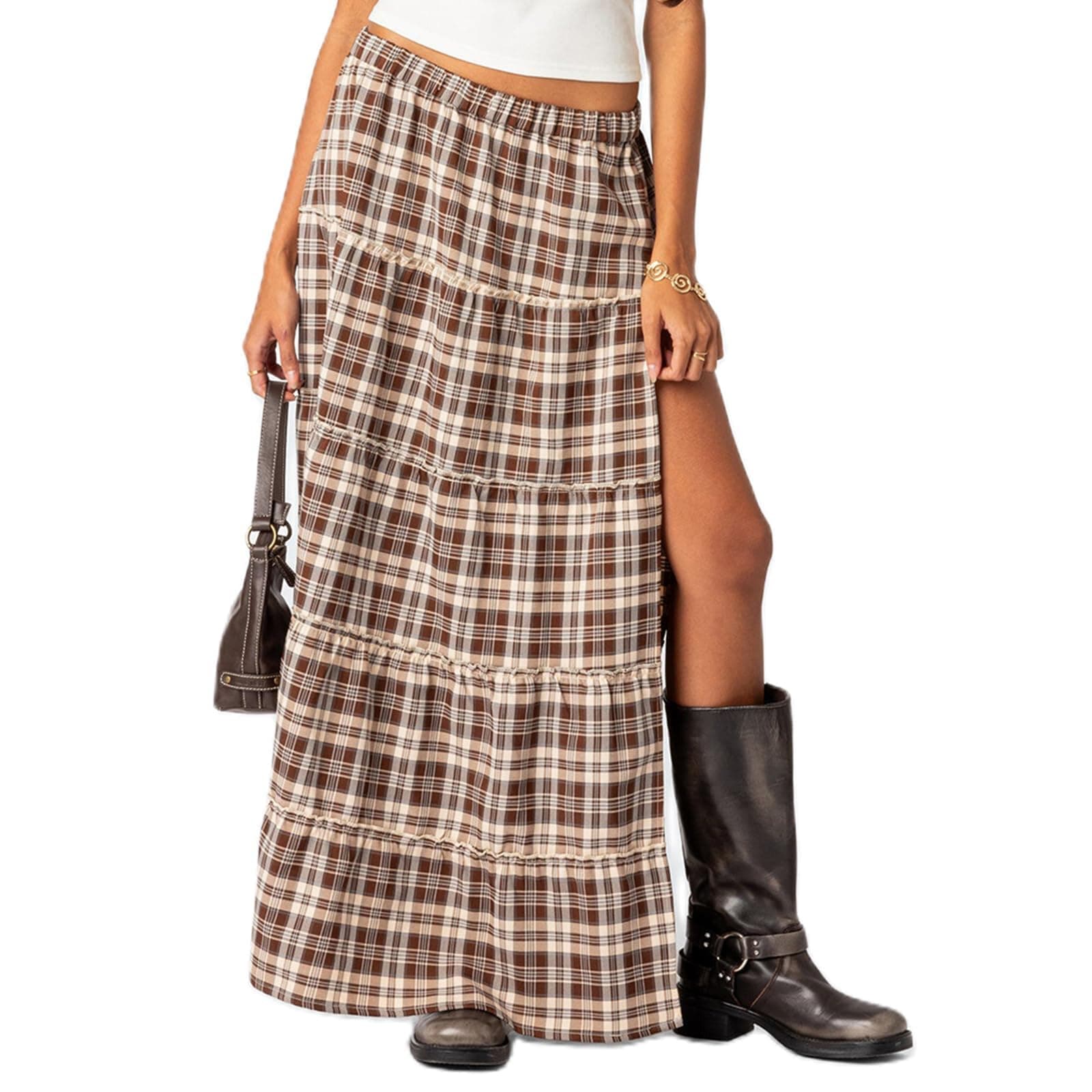 LAVASEON Women's Vintage Plaid Tiered Maxi Skirt with Elastic Waist