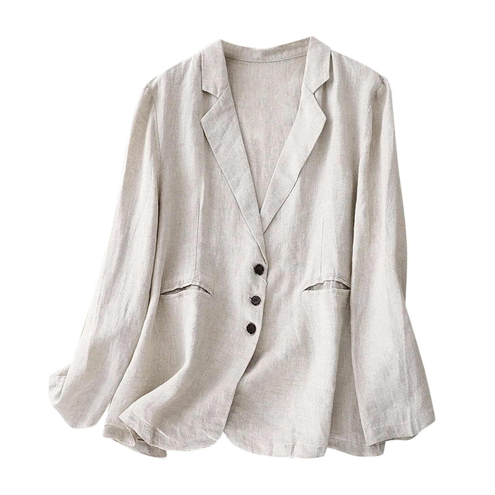 Classic Women's Cotton Linen Notch Lapel Blazer Jacket
