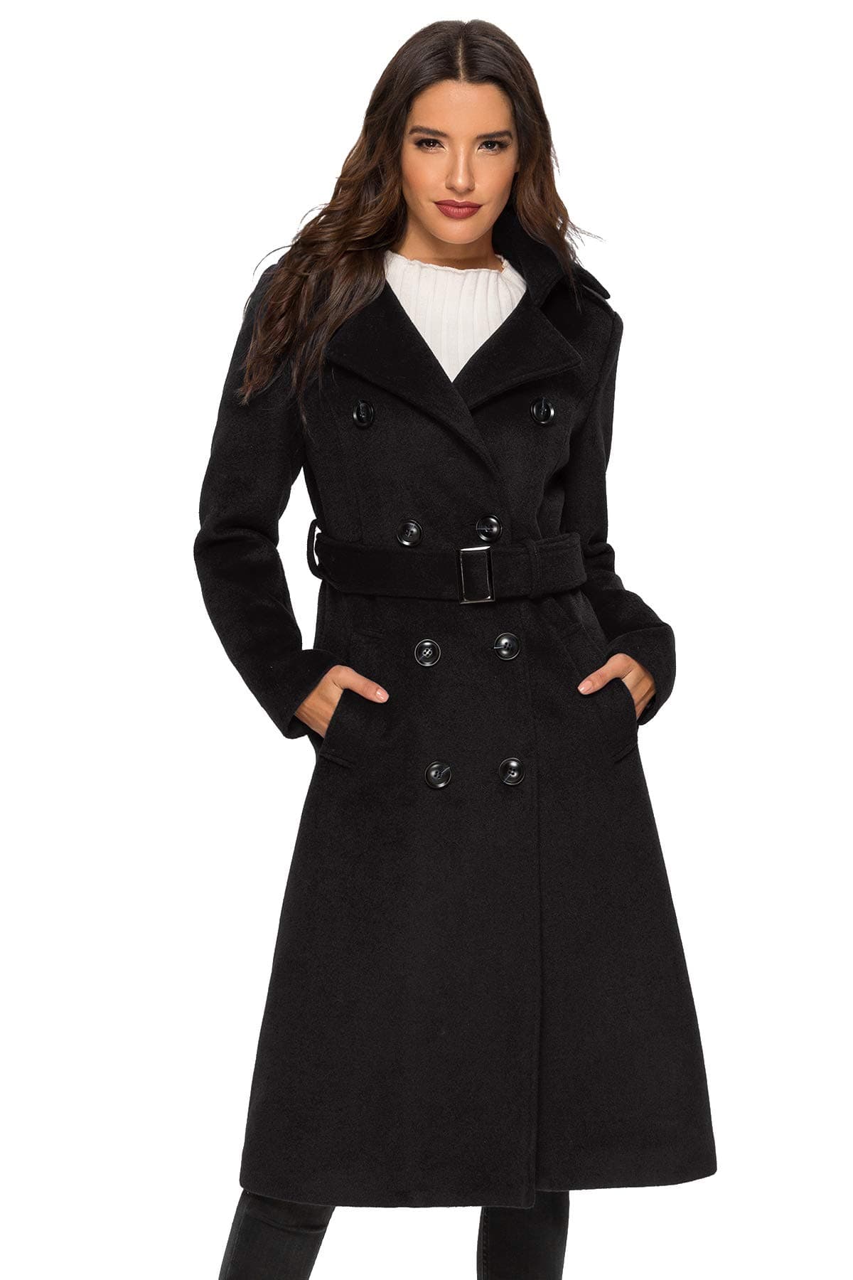 Womens Wool Double Breasted Pea Coat Winter Trench with Belt