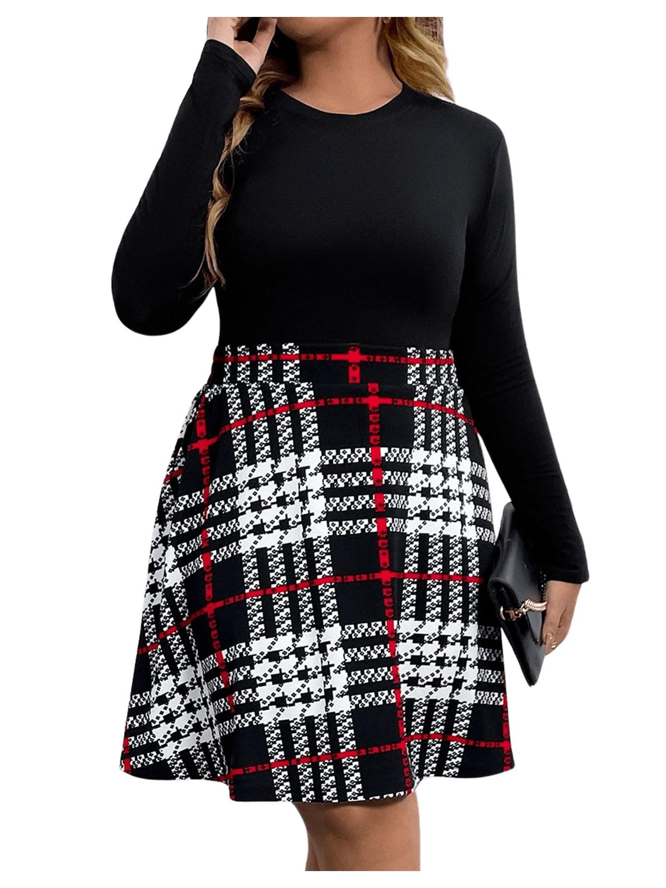 MakeMeChic Women's Plus Size High Waisted Plaid A-Line Flare Knee-Length Skirt