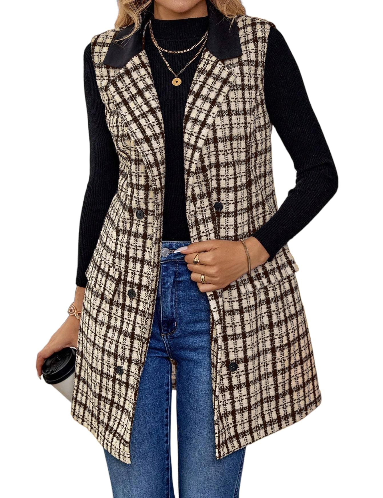 IDEALSANXUN Women's Long Tweed Sleeveless Blazer Jacket