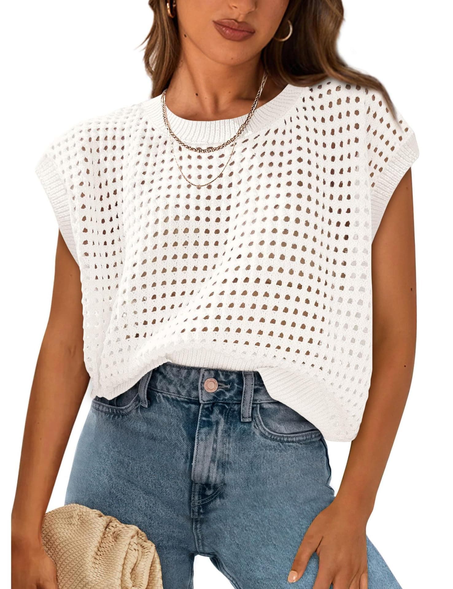 IDEALSANXUN Women's Crochet Sweater Vest Shorts Casual Pullover Tank Tops