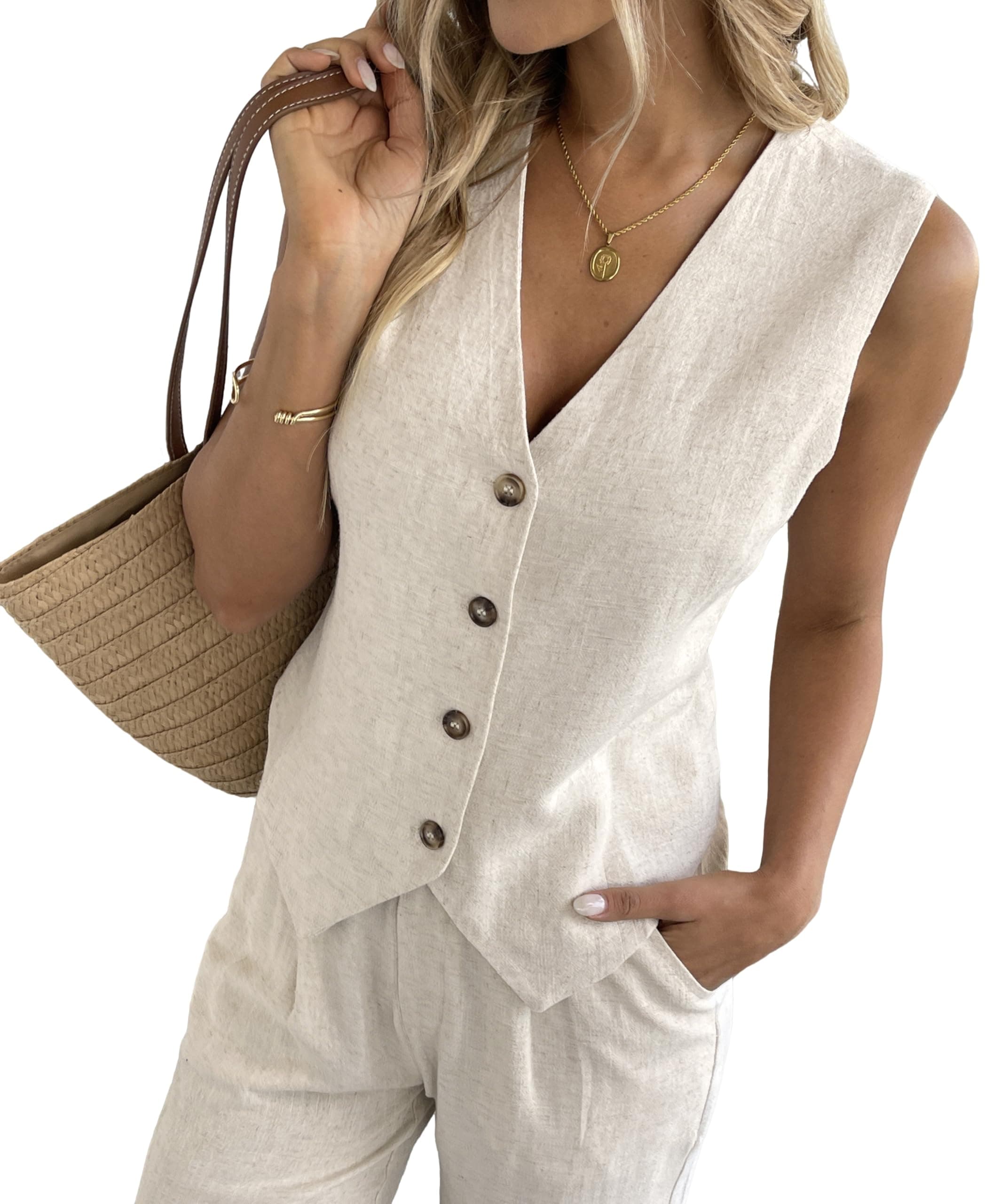 Heipeiwa Women's Cotton Linen V-Neck Waistcoat Jacket