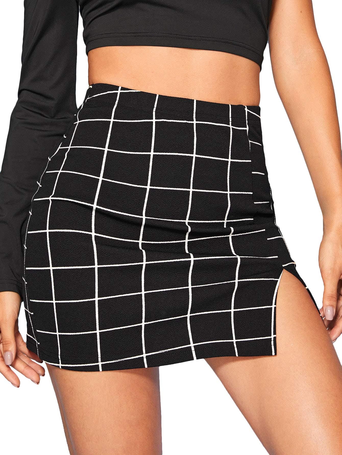 Floerns Women's High Waisted Mini Plaid Split Hem Casual Skirt