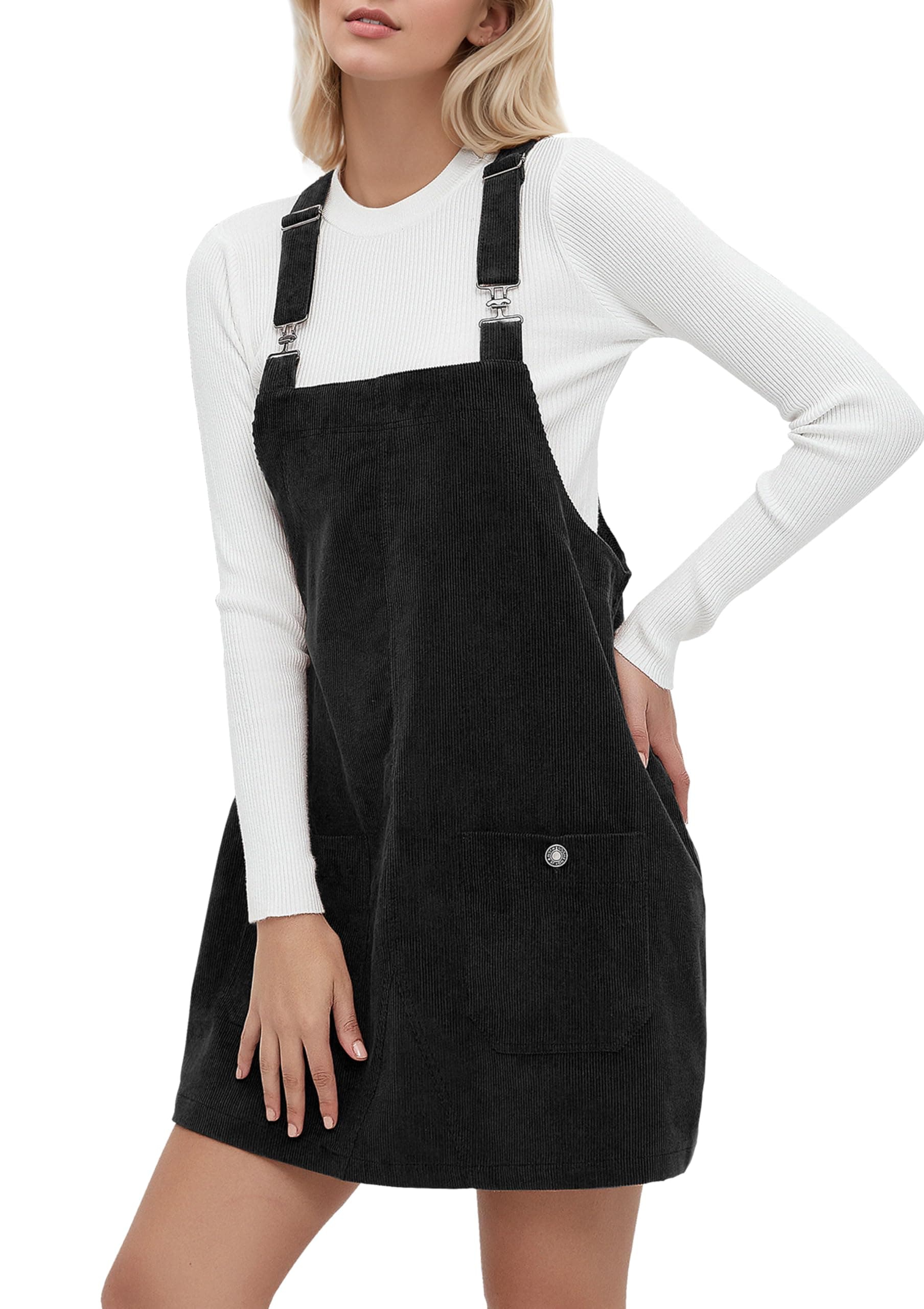 YUENIU Women's Stylish Corduroy Overall Dress with Adjustable Straps Pockets