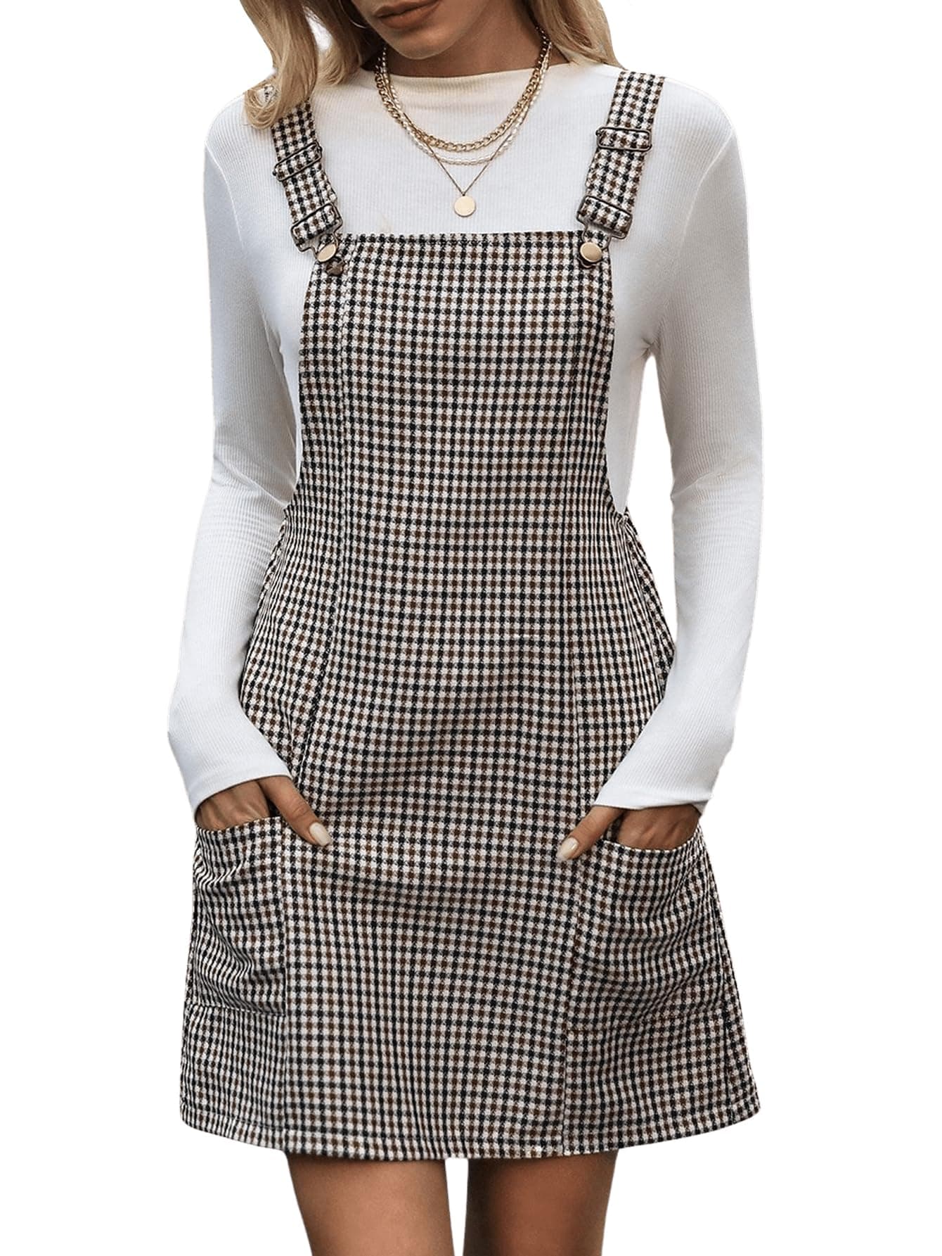Milumia Women's Adjustable Straps Houndstooth Overalls Short Dress with Pocket