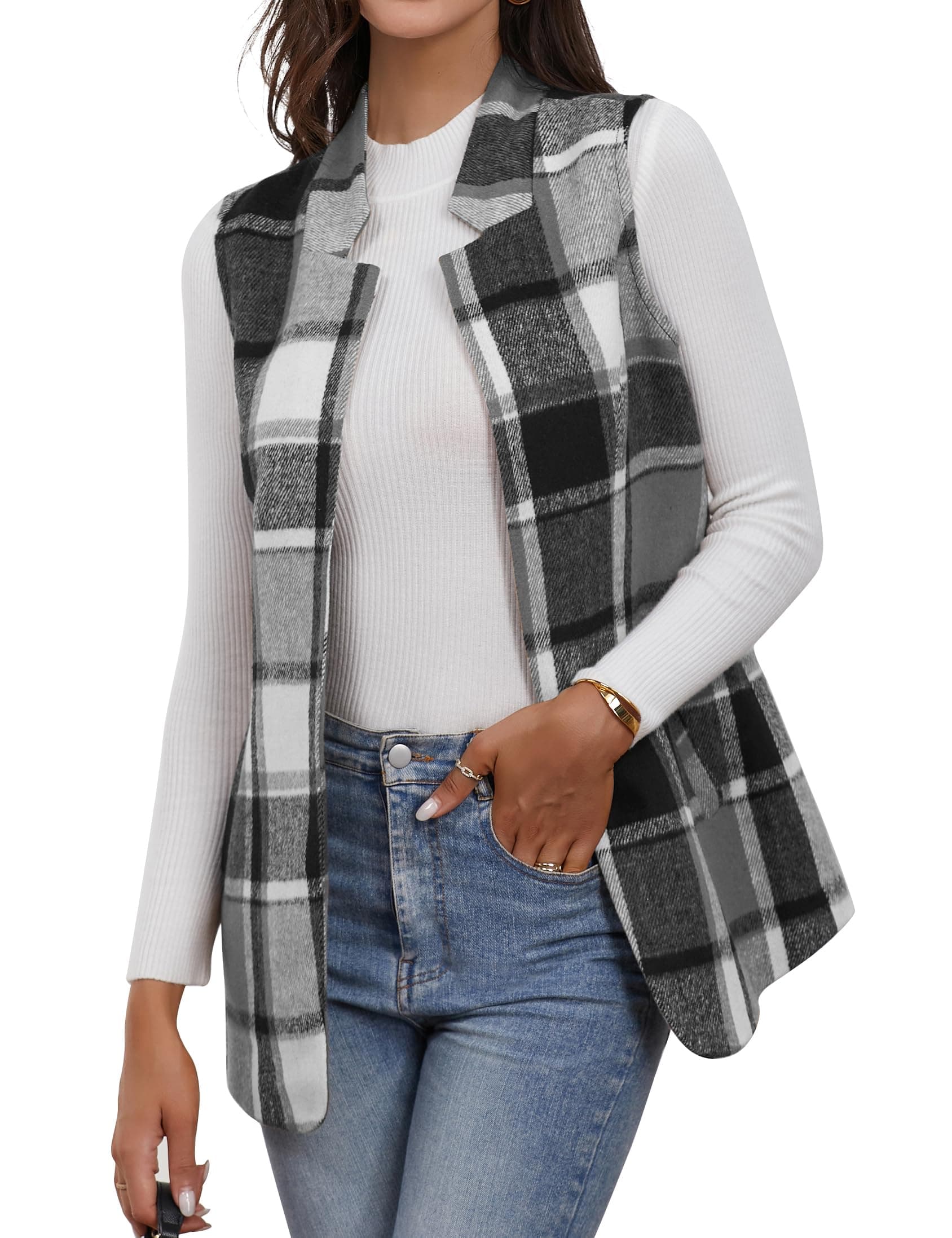 IDEALSANXUN Women's Wool Plaid Sleeveless Blazer Fall Winter Coat