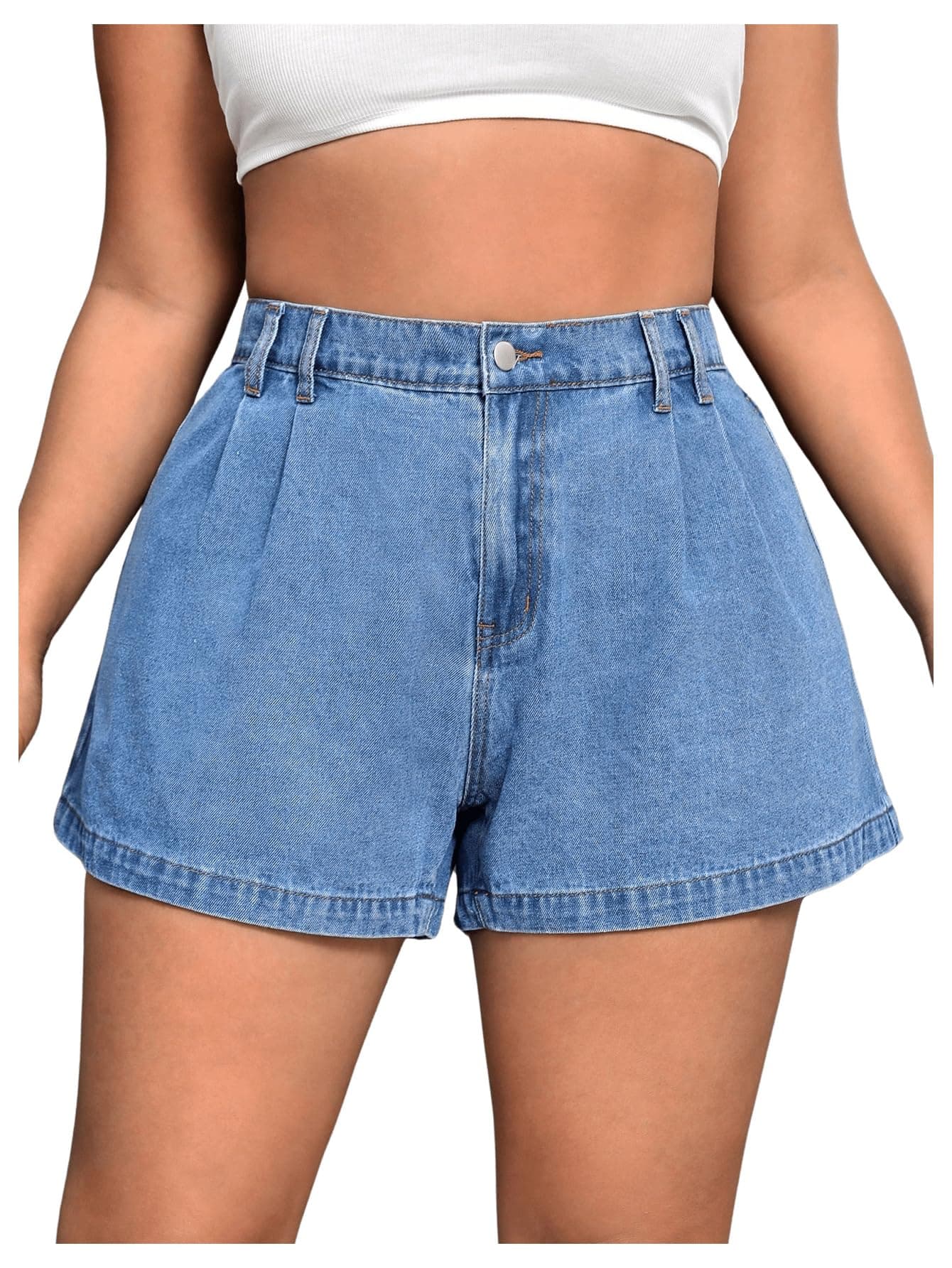 WDIRARA Women's Plus Size High-Waist Pleated Wide Leg Denim Shorts