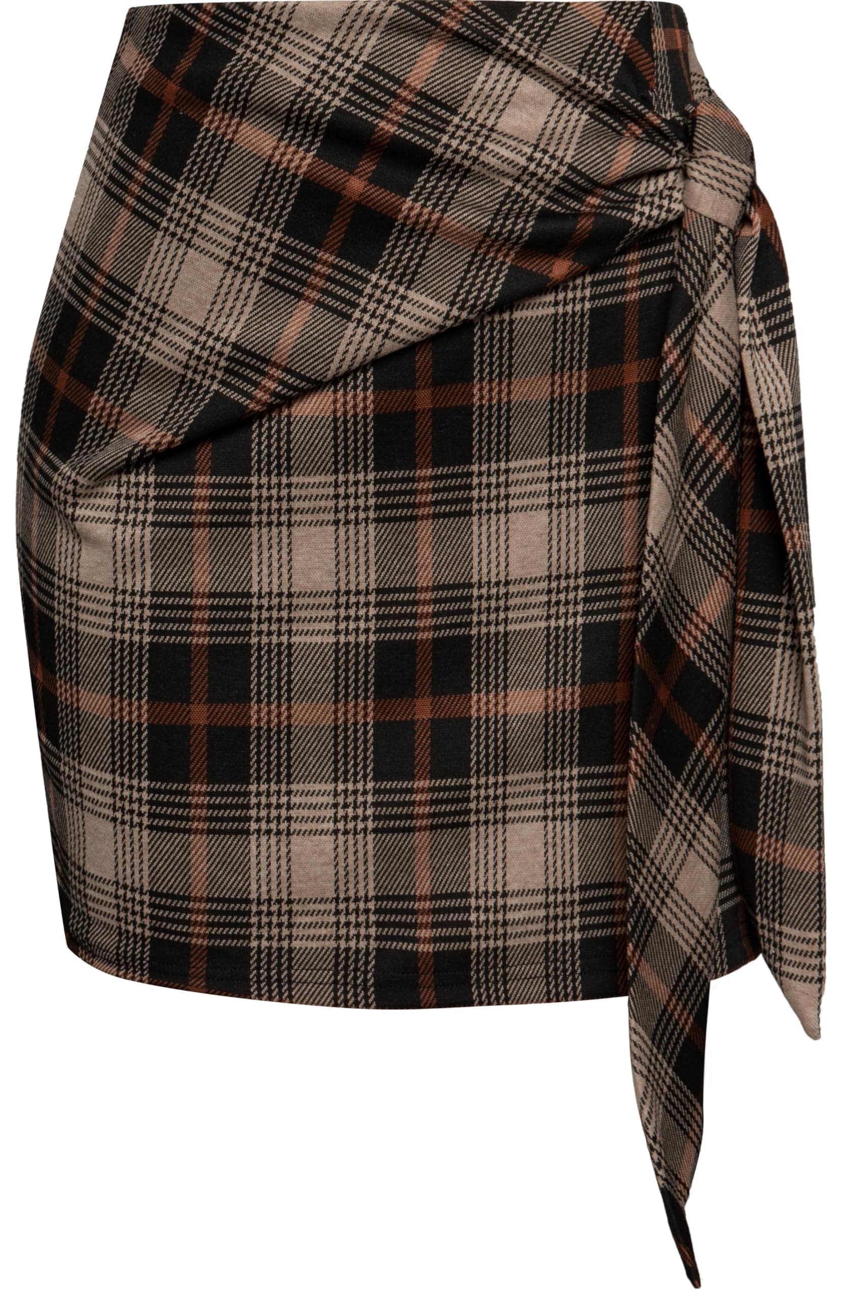 Kate Kasin High Waist Elastic Plaid Mini Skirt with Bow Tie Stretch
